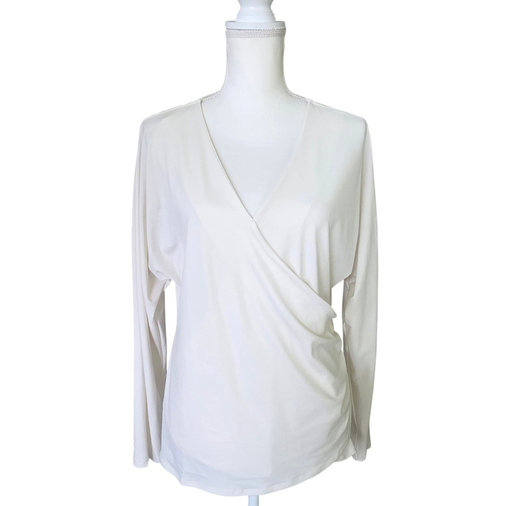 INC International Concepts Cream Wrap Blouse Long Sleeve Draped V-Neck Top Large